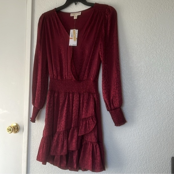 MICHAEL MICHAEL KORS Burgundy Smocked Textured Pull Over Animal Print Long Sleev - Picture 12 of 12